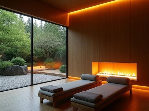 Area relax con comode chaise longue, un caldo camino e vista su un giardino zen, per momenti di pura contemplazione.